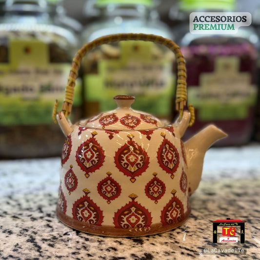 Accesorio premium tetera blanca con asa natural de bambú