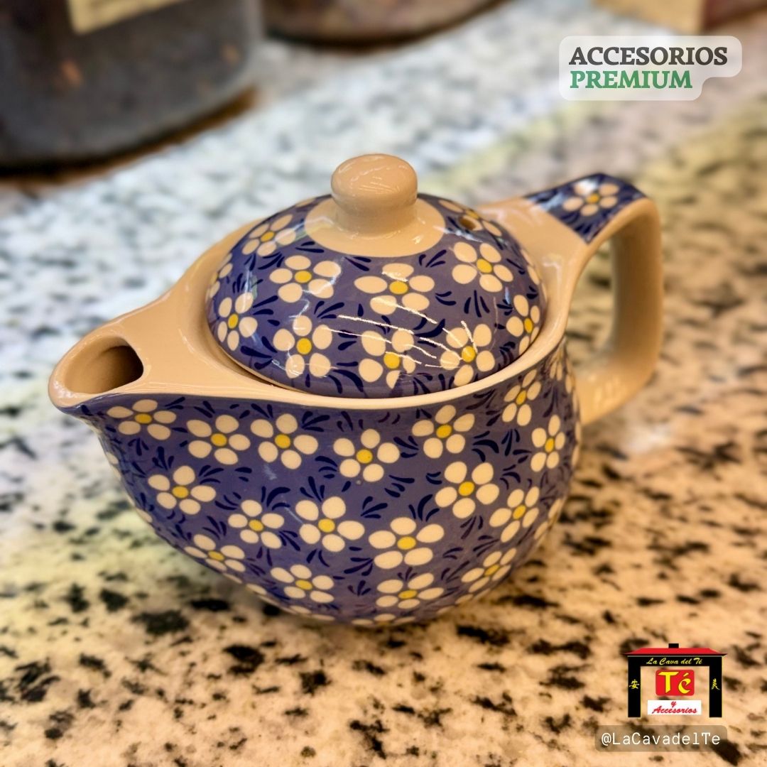 Tetera pequeña de cerámica con infusor y diseño floral azul