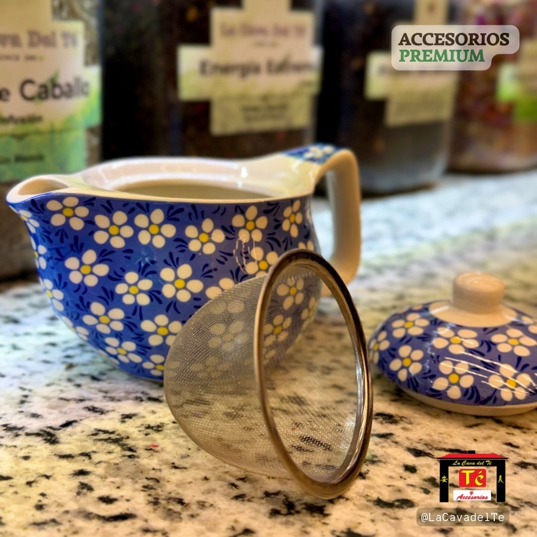 Tetera pequeña de cerámica con infusor y diseño floral azul
