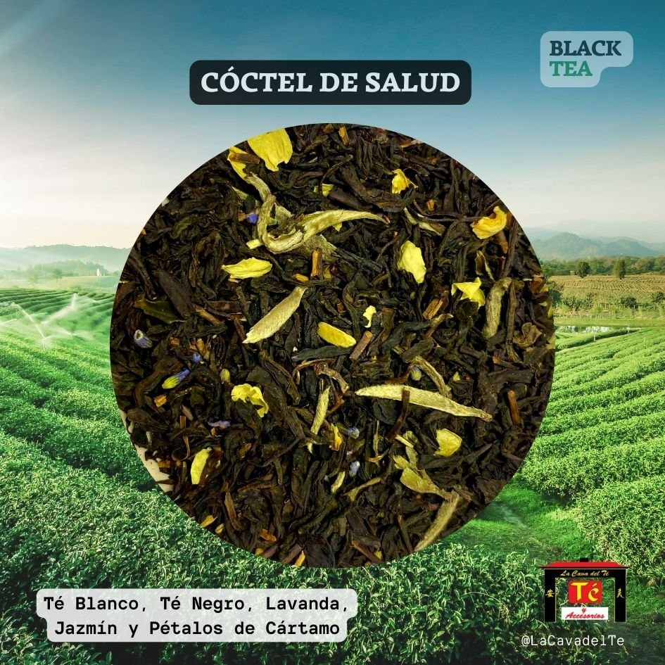 Cóctel de Salud té negro y blanco lavanda jazmín pétalos de cártamo