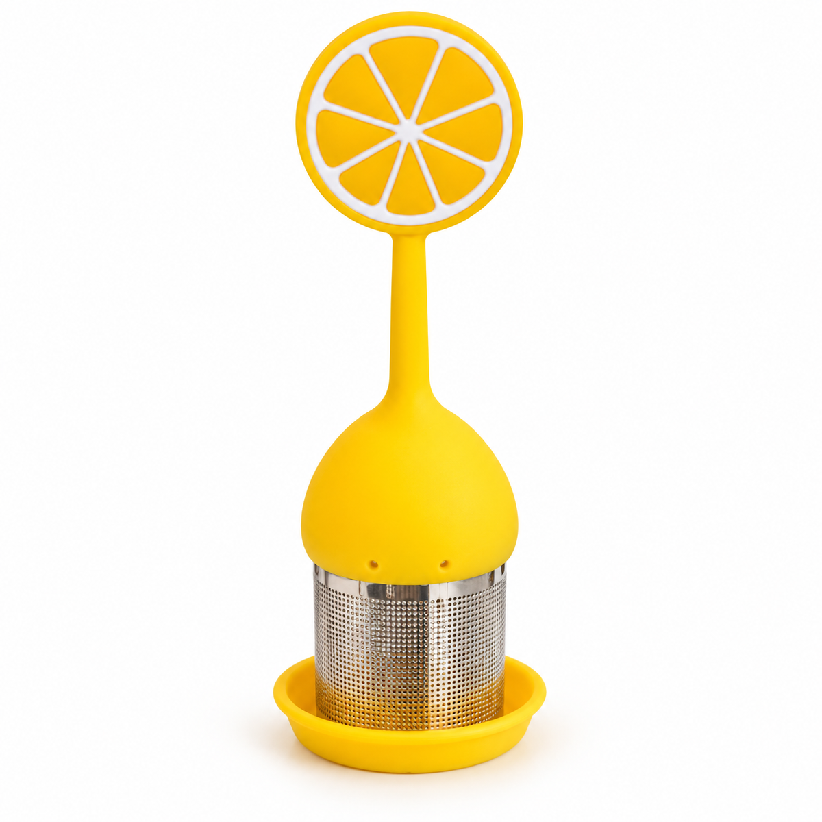 Infusor de Té Cítrico Amarillo con Base, presentación individual sobre fondo blanco, con base incluida.