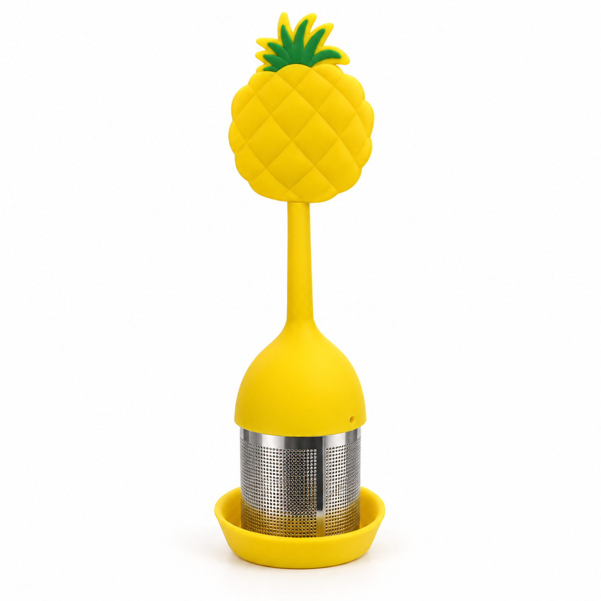 Infusor de Té Piña Amarilla con Base, presentación individual sobre fondo blanco, con base incluida.