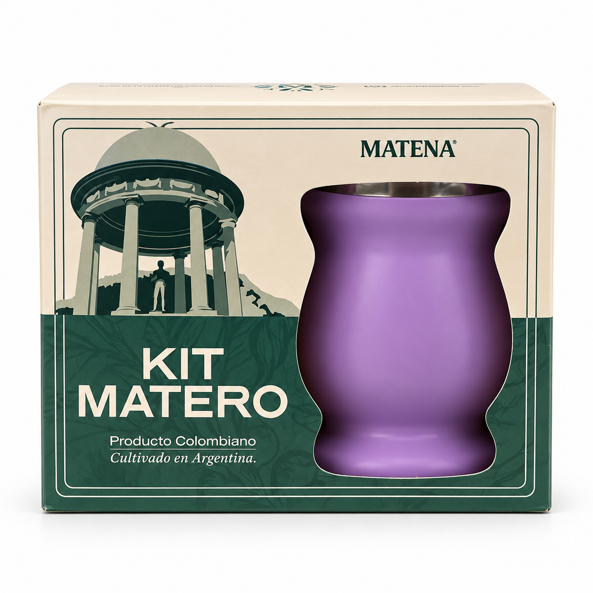 Caja crema y verde del Kit Matero Matena con ventana que muestra la matera morada.