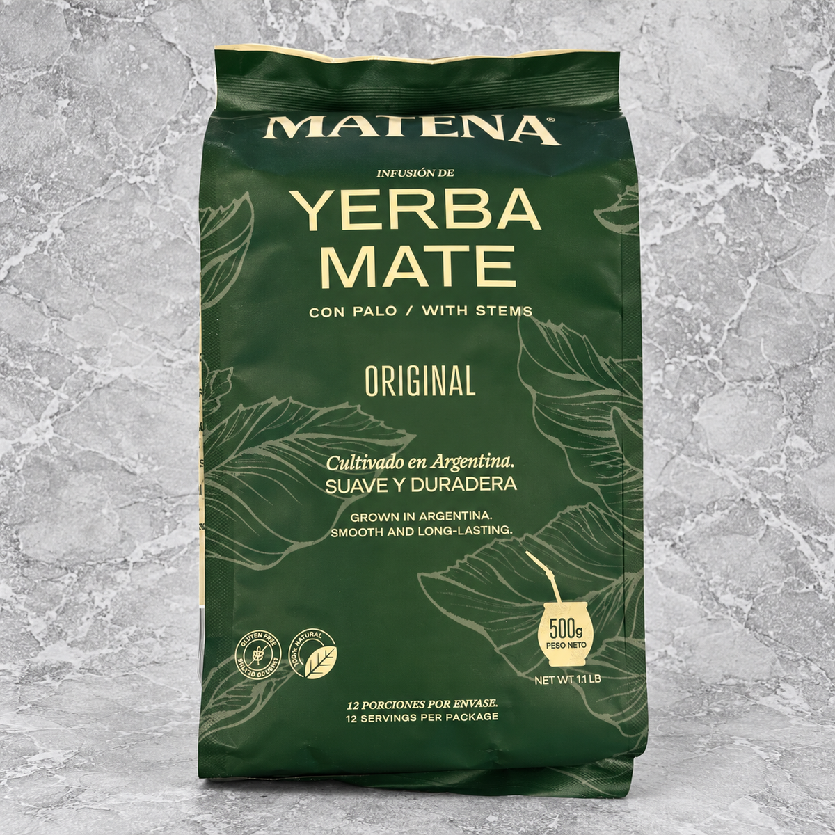 Yerba Mate Matena Original Con Palo 500 g en su empaque original de 500 gramos.