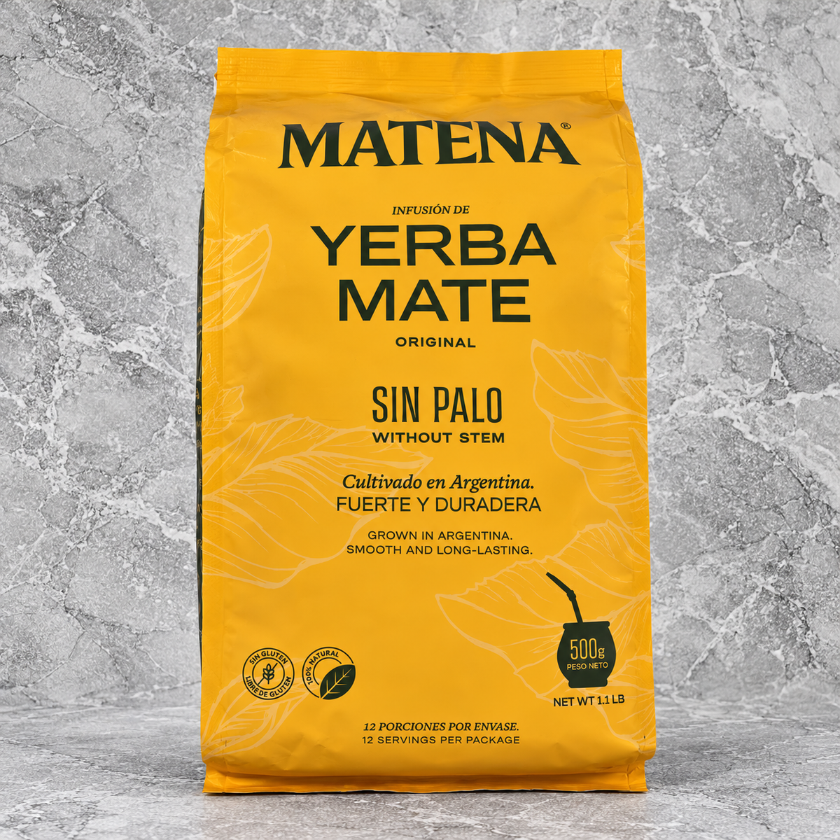 Yerba Mate Matena Sin Palo 500 g en su empaque original de 500 gramos.